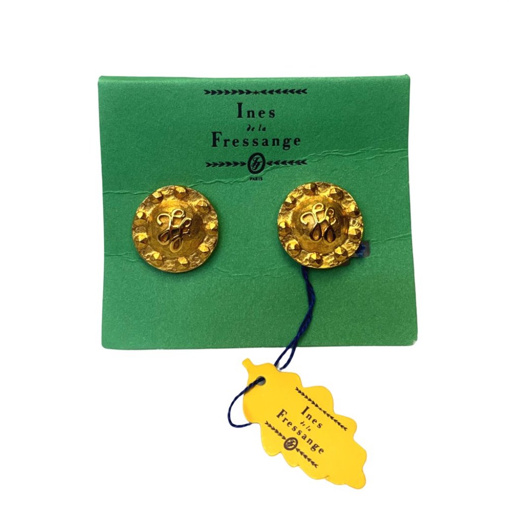 Ines de la Fressange Gold Embossed Logo Stud Round Earrings